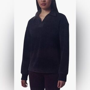 Mondetta Women's Collared Relaxed Fit Soft corduroy Fleece Pullover Top-Black L